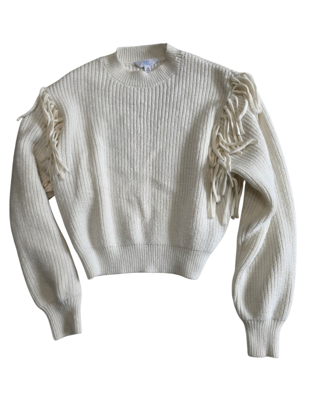 Time and Tru Cream Fringe-Trim Crewneck Sweater